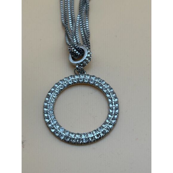 28” Multi-Strand Silver Necklace with Sparkling Rhinestone Circle Pendant - Picture 1 of 4